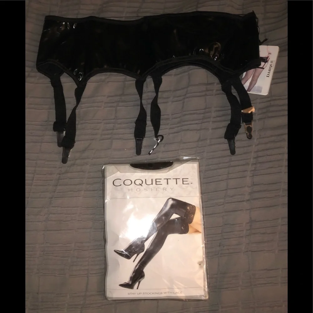 Black Latex Garter Belt XL + Thigh High latex stockings Goth Cosplay shiny NWT